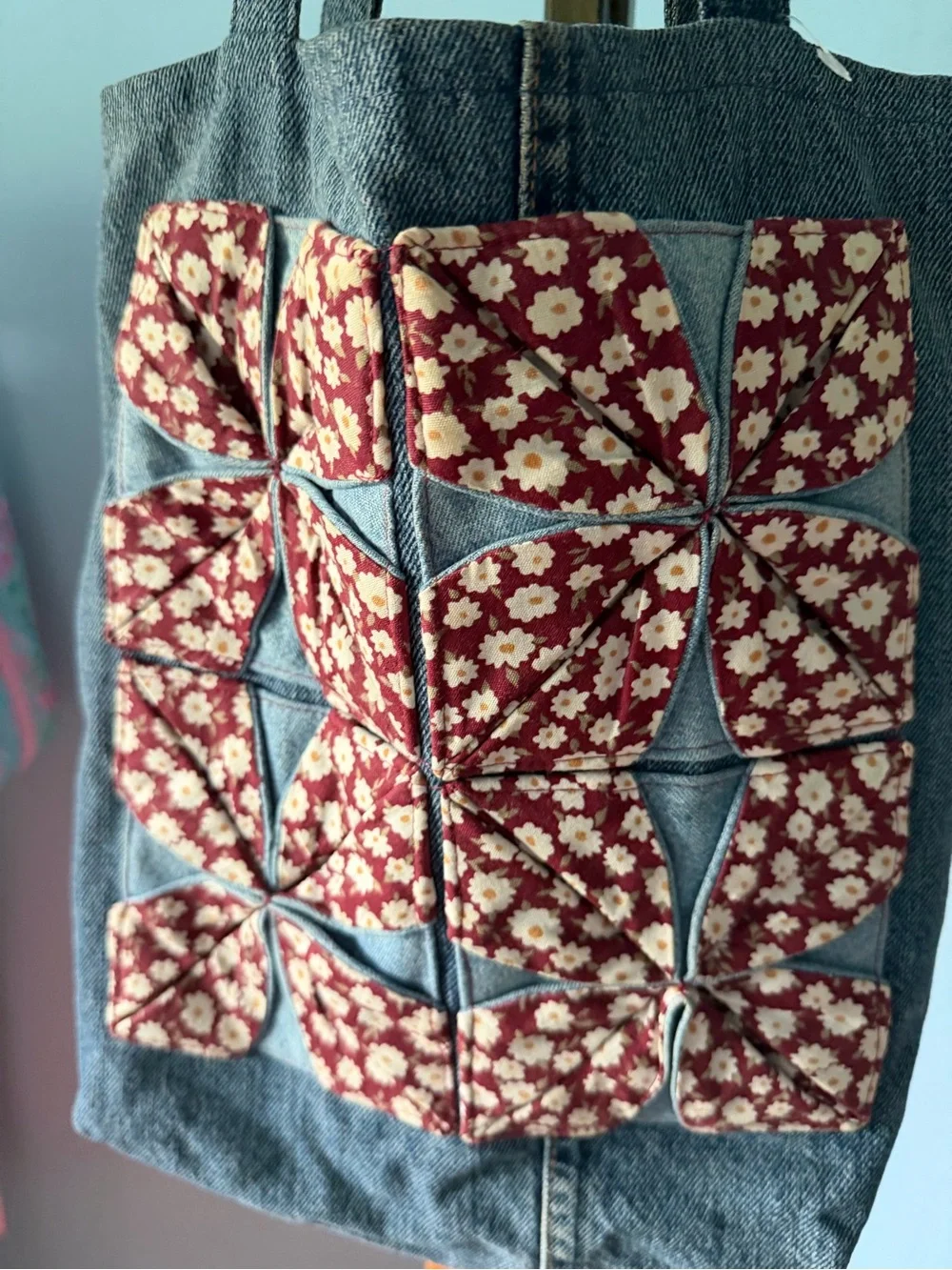 Quilted Denim Tote vintage with Red Floral quilted Patchwork Jean pockets